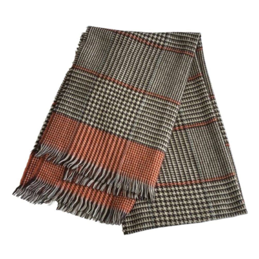 🧡 Brown, Cream & Orange Houndstooth Patterned Blanket Scarf With Fringe 🧡
